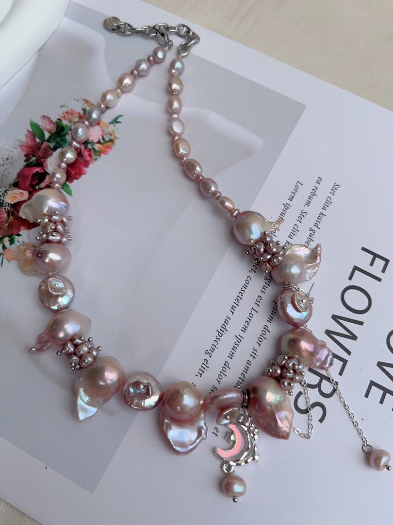 #PN1011 [Floral Series] Freshwater Pearl Necklace | Fairy Pink-Purple| 40+5cm| Lustrous Fishtail Baroque | Petal-on-pearl | Dangling Design | Rice Pearl | Moon| Limited Edition