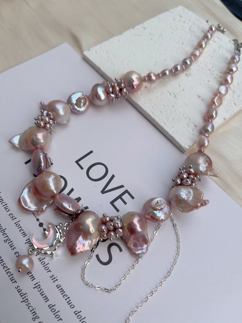 #PN1011 [Floral Series] Freshwater Pearl Necklace | Fairy Pink-Purple| 40+5cm| Lustrous Fishtail Baroque | Petal-on-pearl | Dangling Design | Rice Pearl | Moon| Limited Edition