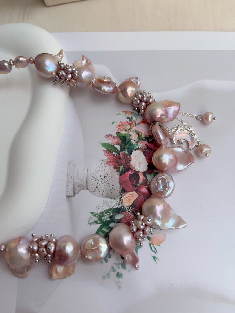 #PN1011 [Floral Series] Freshwater Pearl Necklace | Fairy Pink-Purple| 40+5cm| Lustrous Fishtail Baroque | Petal-on-pearl | Dangling Design | Rice Pearl | Moon| Limited Edition