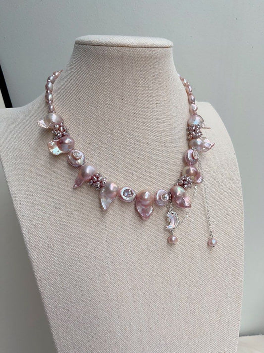 #PN1011 [Floral Series] Freshwater Pearl Necklace | Fairy Pink-Purple| 40+5cm| Lustrous Fishtail Baroque | Petal-on-pearl | Dangling Design | Rice Pearl | Moon| Limited Edition