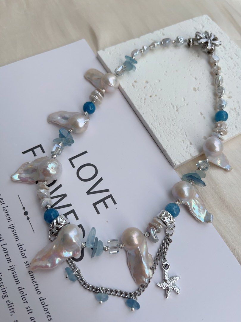 #PN1012 Freshwater Pearl Necklace & Earrings Set| Heart of the Ocean| Fishtail Baroque | Aquamarine Chips| Blue Apatite | Petals| 43cm| Modern Classic
