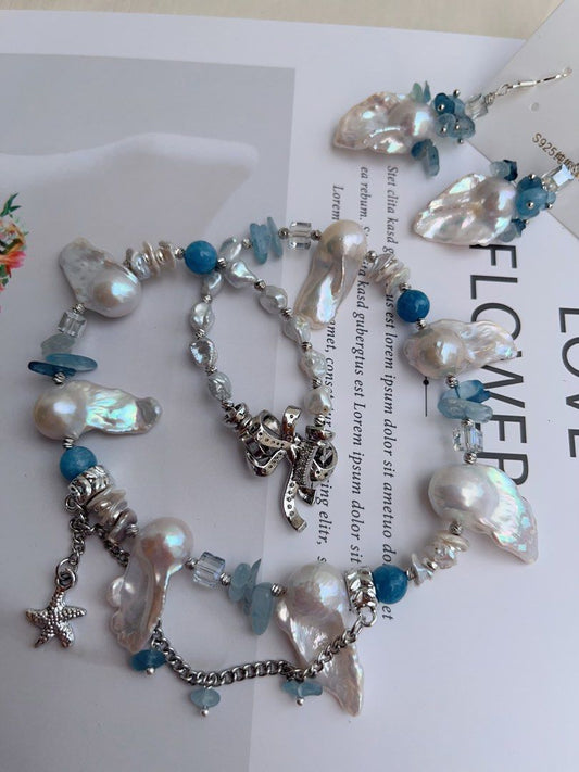#PN1012 Freshwater Pearl Necklace & Earrings Set| Heart of the Ocean| Fishtail Baroque | Aquamarine Chips| Blue Apatite | Petals| 43cm| Modern Classic