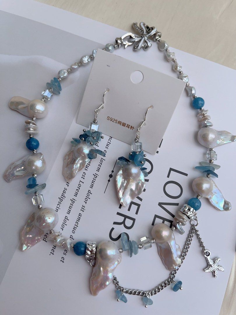 #PN1012 Freshwater Pearl Necklace & Earrings Set| Heart of the Ocean| Fishtail Baroque | Aquamarine Chips| Blue Apatite | Petals| 43cm| Modern Classic