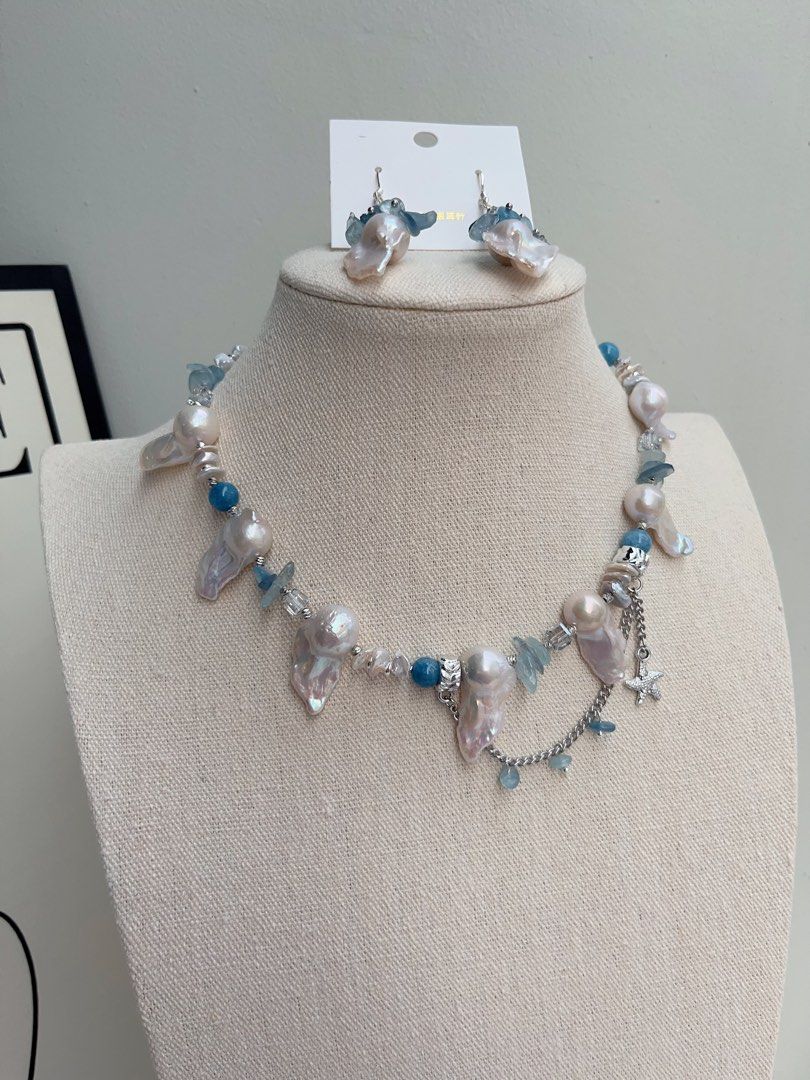 #PN1012 Freshwater Pearl Necklace & Earrings Set| Heart of the Ocean| Fishtail Baroque | Aquamarine Chips| Blue Apatite | Petals| 43cm| Modern Classic