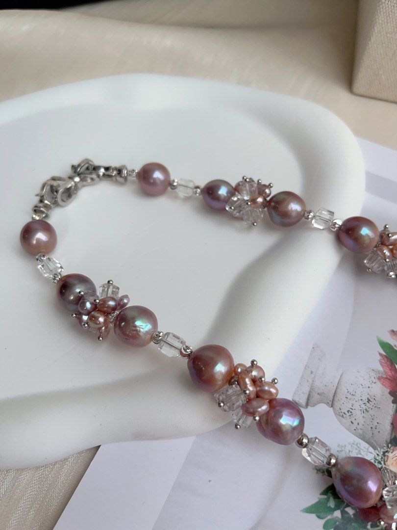 #PN1013 [Floral Series] Freshwater Pearl Necklace | Crystal Love| Purple Big Baroque Pearl | 43cm| Don’t Miss Out
