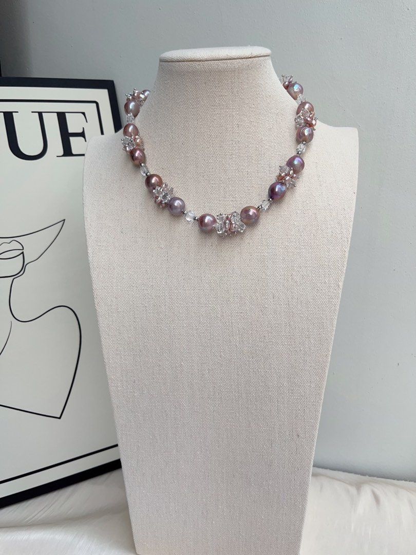 #PN1013 [Floral Series] Freshwater Pearl Necklace | Crystal Love| Purple Big Baroque Pearl | 43cm| Don’t Miss Out