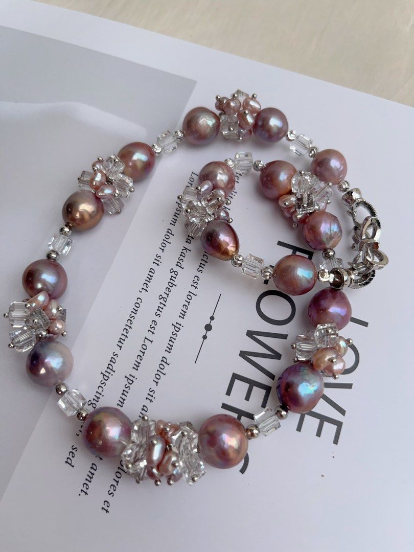 #PN1013 [Floral Series] Freshwater Pearl Necklace | Crystal Love| Purple Big Baroque Pearl | 43cm| Don’t Miss Out