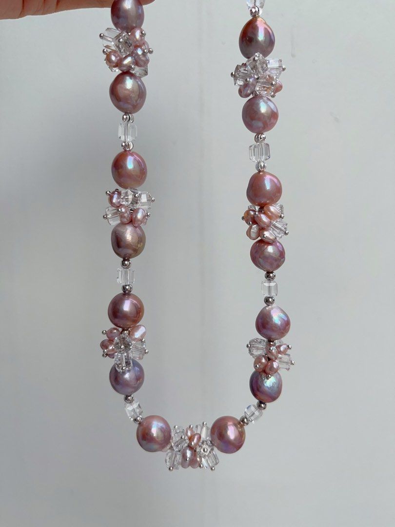 #PN1013 [Floral Series] Freshwater Pearl Necklace | Crystal Love| Purple Big Baroque Pearl | 43cm| Don’t Miss Out
