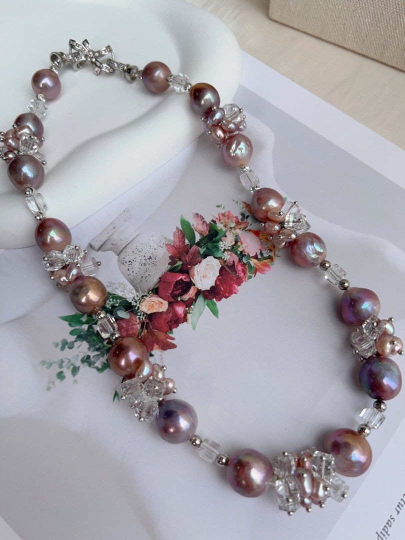 #PN1013 [Floral Series] Freshwater Pearl Necklace | Crystal Love| Purple Big Baroque Pearl | 43cm| Don’t Miss Out