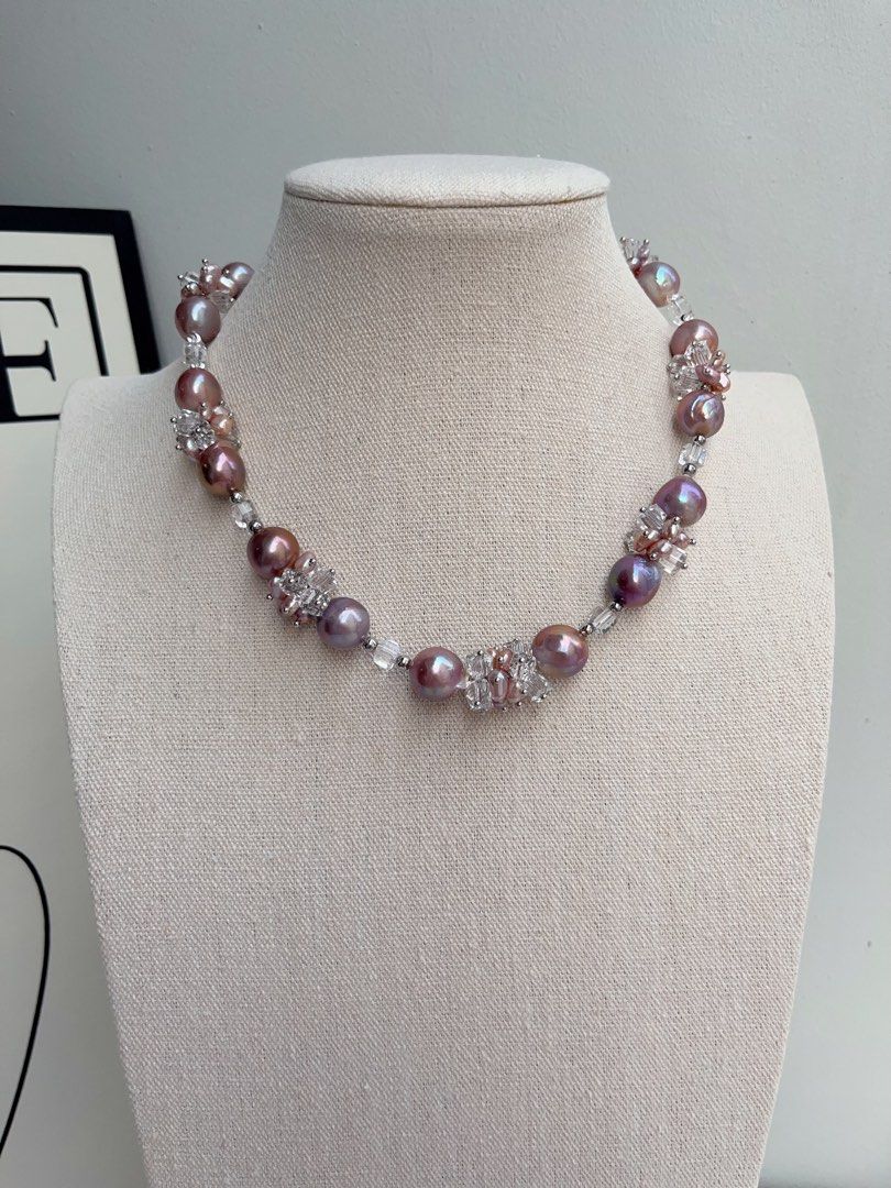 #PN1013 [Floral Series] Freshwater Pearl Necklace | Crystal Love| Purple Big Baroque Pearl | 43cm| Don’t Miss Out