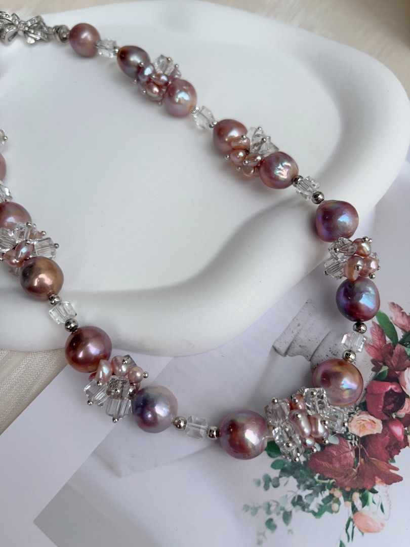 #PN1013 [Floral Series] Freshwater Pearl Necklace | Crystal Love| Purple Big Baroque Pearl | 43cm| Don’t Miss Out