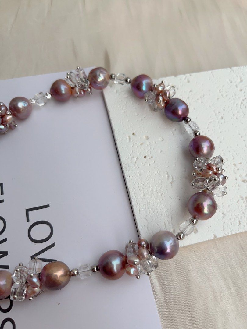 #PN1013 [Floral Series] Freshwater Pearl Necklace | Crystal Love| Purple Big Baroque Pearl | 43cm| Don’t Miss Out