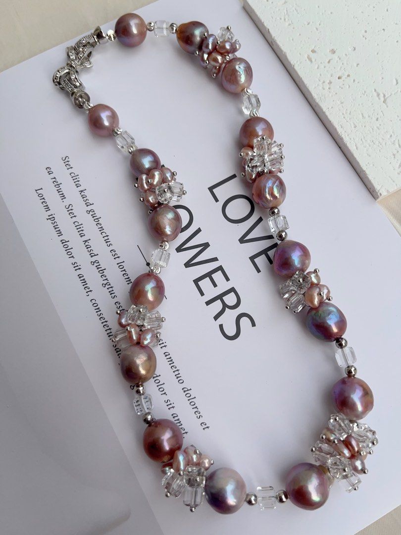 #PN1013 [Floral Series] Freshwater Pearl Necklace | Crystal Love| Purple Big Baroque Pearl | 43cm| Don’t Miss Out