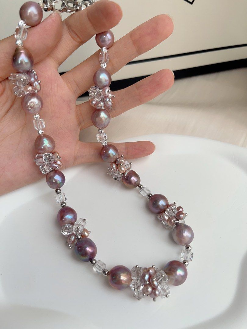 #PN1013 [Floral Series] Freshwater Pearl Necklace | Crystal Love| Purple Big Baroque Pearl | 43cm| Don’t Miss Out