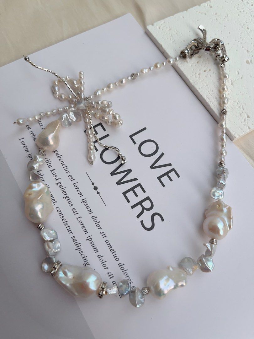 #PN1014 Freshwater Pearl Necklace | Butterfly 🦋 Loves Flowers 🌷 | Double Layer Ribbon 🎀 | Lustrous Fishtail Baroque | Silver Stone Pearl | 42cm| Gift Her Glam