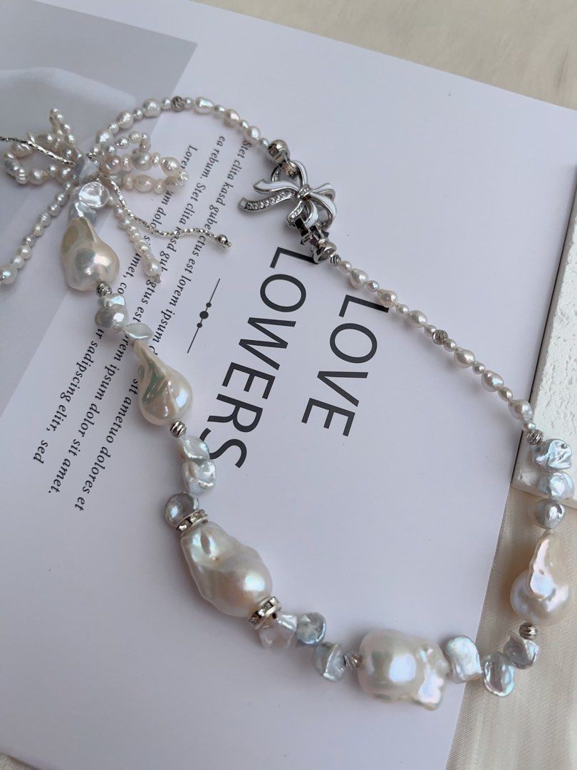 #PN1014 Freshwater Pearl Necklace | Butterfly 🦋 Loves Flowers 🌷 | Double Layer Ribbon 🎀 | Lustrous Fishtail Baroque | Silver Stone Pearl | 42cm| Gift Her Glam