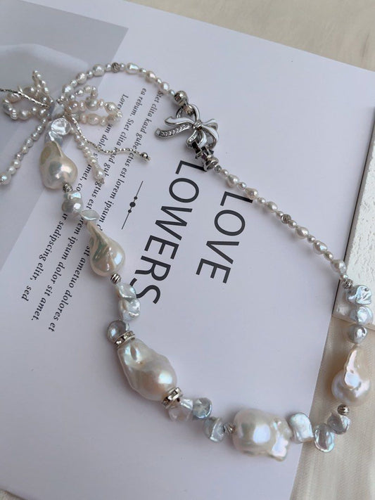 #PN1014 Freshwater Pearl Necklace | Butterfly 🦋 Loves Flowers 🌷 | Double Layer Ribbon 🎀 | Lustrous Fishtail Baroque | Silver Stone Pearl | 42cm| Gift Her Glam