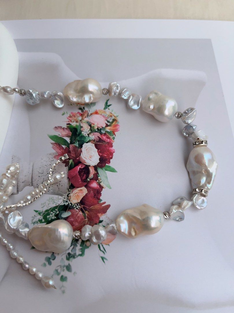 #PN1014 Freshwater Pearl Necklace | Butterfly 🦋 Loves Flowers 🌷 | Double Layer Ribbon 🎀 | Lustrous Fishtail Baroque | Silver Stone Pearl | 42cm| Gift Her Glam