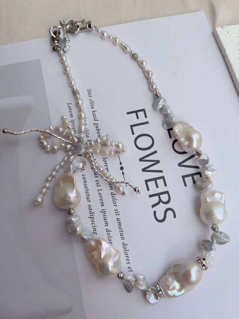 #PN1014 Freshwater Pearl Necklace | Butterfly 🦋 Loves Flowers 🌷 | Double Layer Ribbon 🎀 | Lustrous Fishtail Baroque | Silver Stone Pearl | 42cm| Gift Her Glam