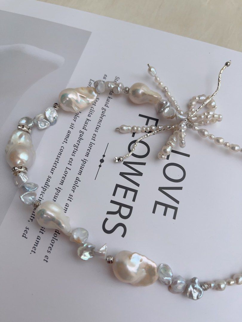 #PN1014 Freshwater Pearl Necklace | Butterfly 🦋 Loves Flowers 🌷 | Double Layer Ribbon 🎀 | Lustrous Fishtail Baroque | Silver Stone Pearl | 42cm| Gift Her Glam