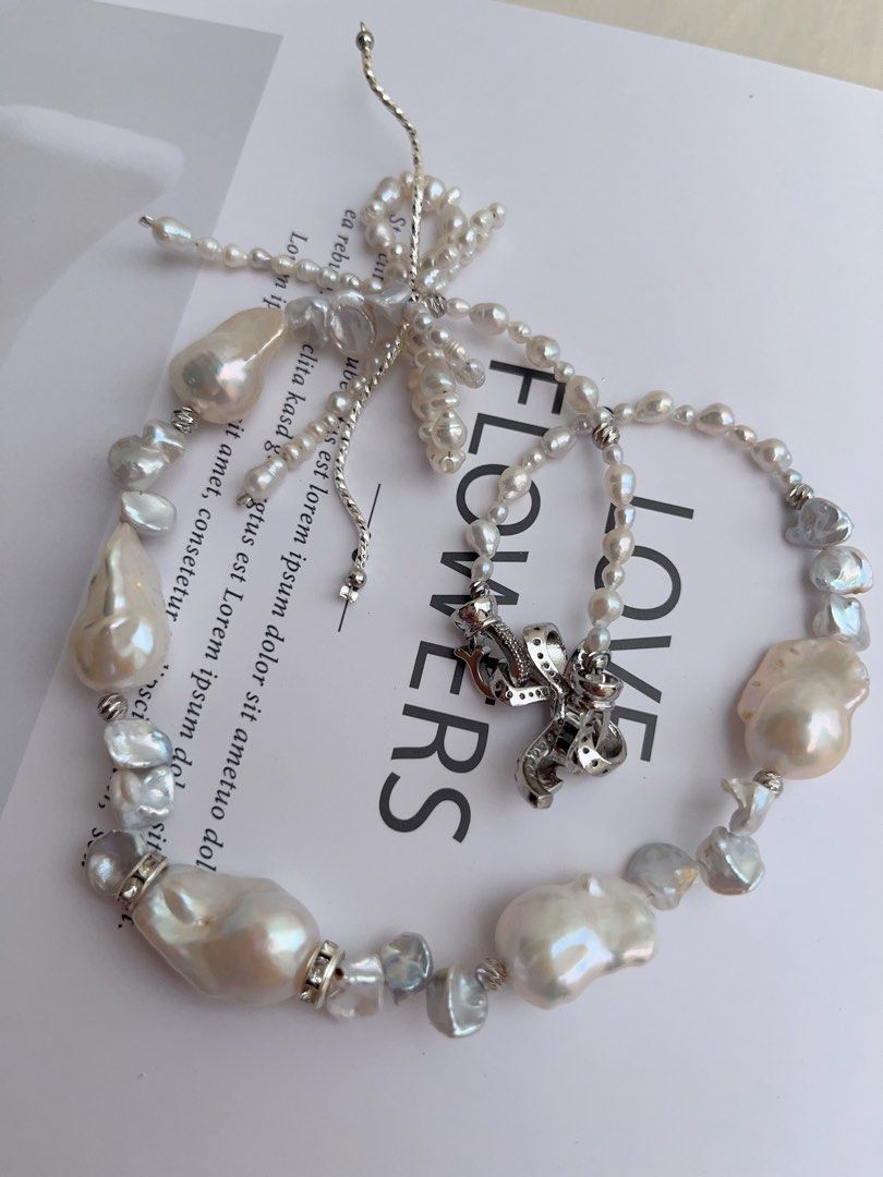 #PN1014 Freshwater Pearl Necklace | Butterfly 🦋 Loves Flowers 🌷 | Double Layer Ribbon 🎀 | Lustrous Fishtail Baroque | Silver Stone Pearl | 42cm| Gift Her Glam