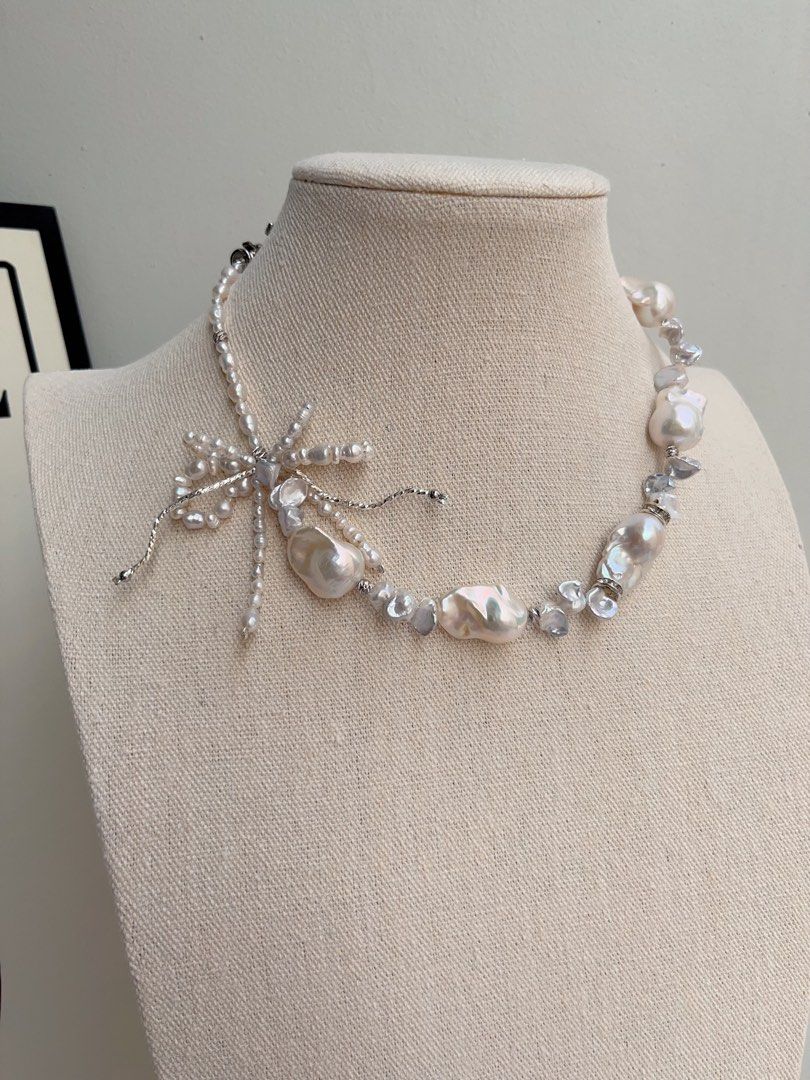 #PN1014 Freshwater Pearl Necklace | Butterfly 🦋 Loves Flowers 🌷 | Double Layer Ribbon 🎀 | Lustrous Fishtail Baroque | Silver Stone Pearl | 42cm| Gift Her Glam