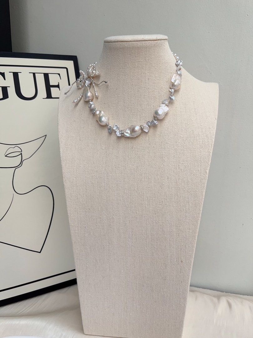 #PN1014 Freshwater Pearl Necklace | Butterfly 🦋 Loves Flowers 🌷 | Double Layer Ribbon 🎀 | Lustrous Fishtail Baroque | Silver Stone Pearl | 42cm| Gift Her Glam