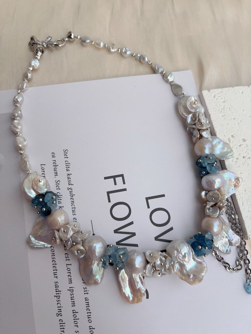 #PN1015 [Floral Series] Freshwater Pearl Necklace | Moonlight Garden | Candy Paper Lustre| Cold Silver Lustre | Pearl & Aquamarine Petals |Ocean Style | White & Blue| 42cm| Magical Shine