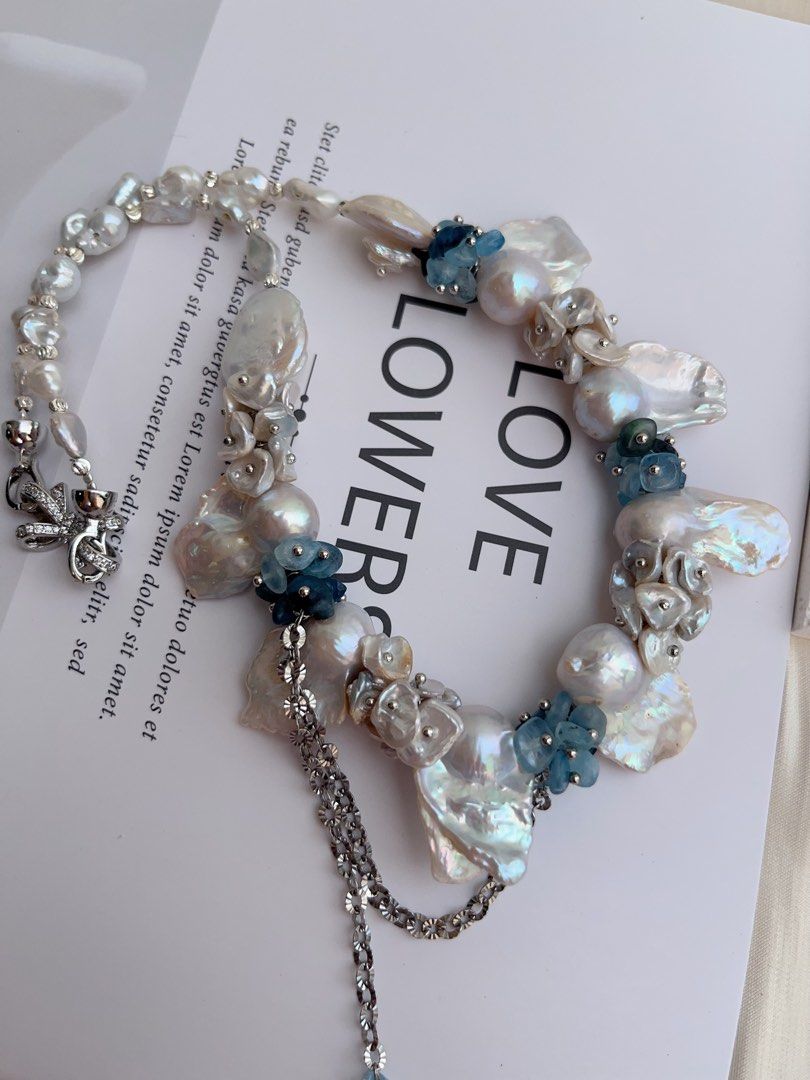 #PN1015 [Floral Series] Freshwater Pearl Necklace | Moonlight Garden | Candy Paper Lustre| Cold Silver Lustre | Pearl & Aquamarine Petals |Ocean Style | White & Blue| 42cm| Magical Shine