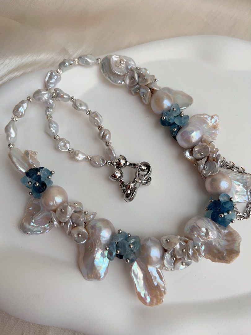 #PN1015 [Floral Series] Freshwater Pearl Necklace | Moonlight Garden | Candy Paper Lustre| Cold Silver Lustre | Pearl & Aquamarine Petals |Ocean Style | White & Blue| 42cm| Magical Shine