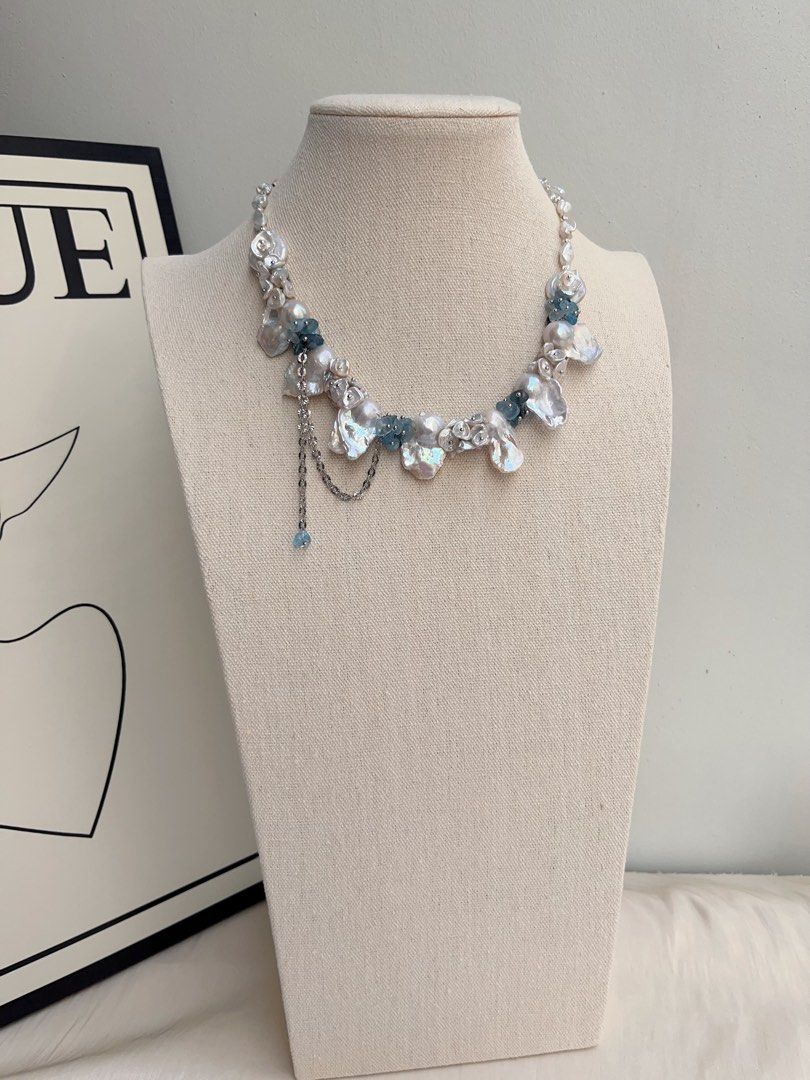 #PN1015 [Floral Series] Freshwater Pearl Necklace | Moonlight Garden | Candy Paper Lustre| Cold Silver Lustre | Pearl & Aquamarine Petals |Ocean Style | White & Blue| 42cm| Magical Shine