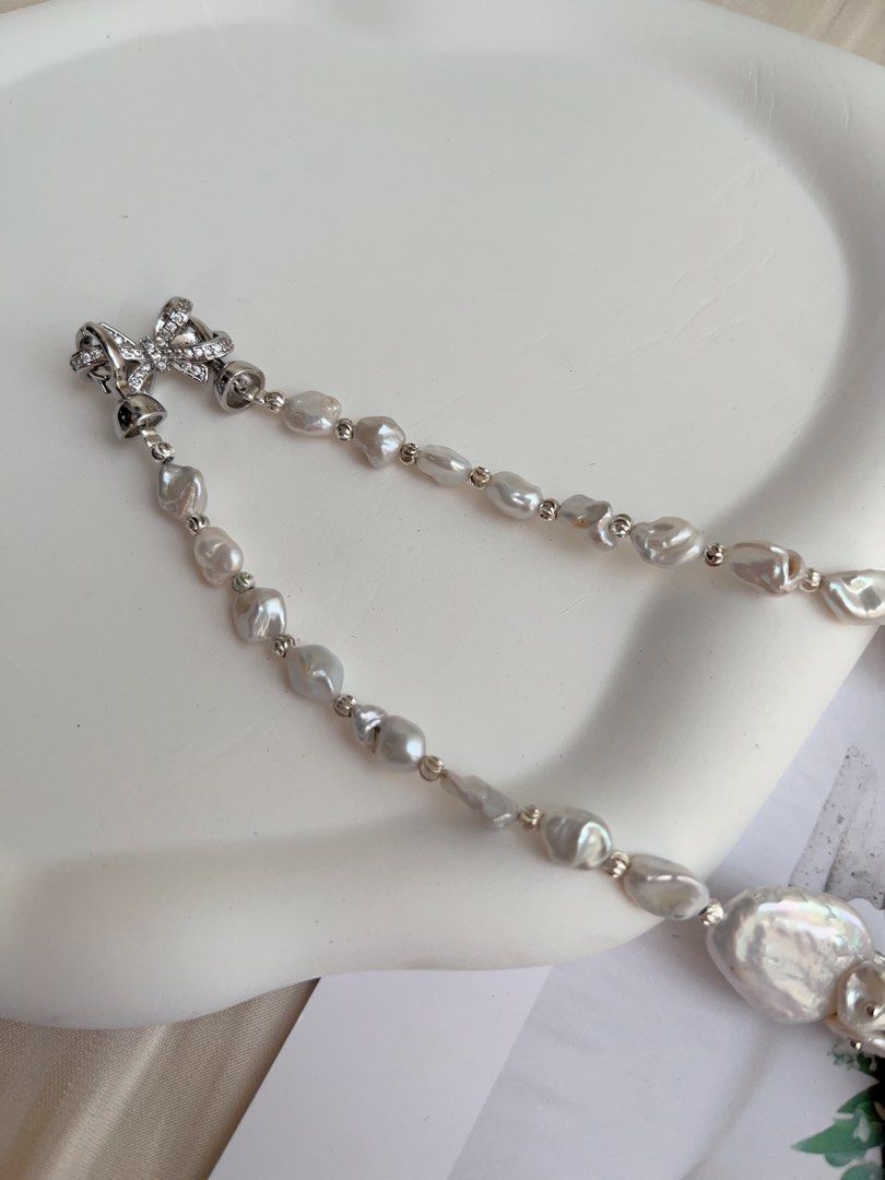 #PN1015 [Floral Series] Freshwater Pearl Necklace | Moonlight Garden | Candy Paper Lustre| Cold Silver Lustre | Pearl & Aquamarine Petals |Ocean Style | White & Blue| 42cm| Magical Shine