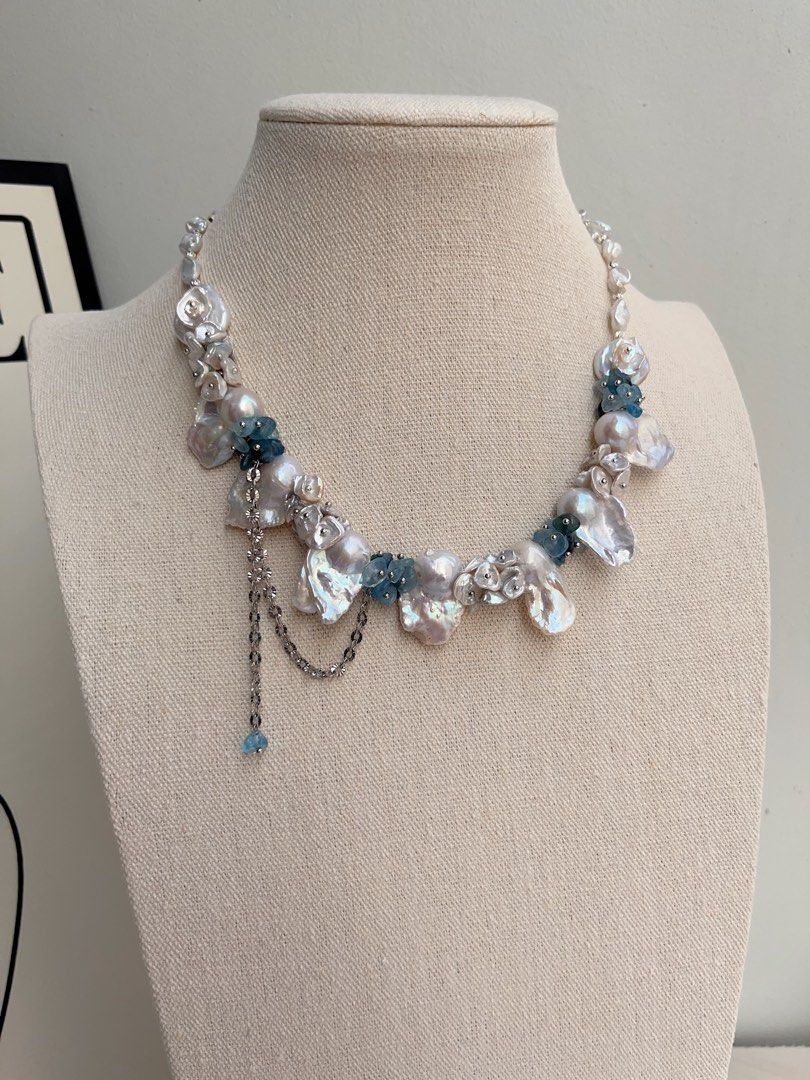 #PN1015 [Floral Series] Freshwater Pearl Necklace | Moonlight Garden | Candy Paper Lustre| Cold Silver Lustre | Pearl & Aquamarine Petals |Ocean Style | White & Blue| 42cm| Magical Shine