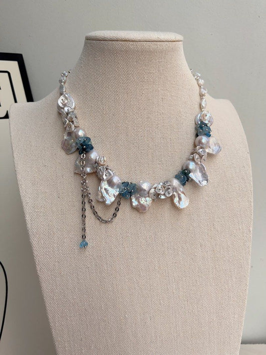 #PN1015 [Floral Series] Freshwater Pearl Necklace | Moonlight Garden | Candy Paper Lustre| Cold Silver Lustre | Pearl & Aquamarine Petals |Ocean Style | White & Blue| 42cm| Magical Shine