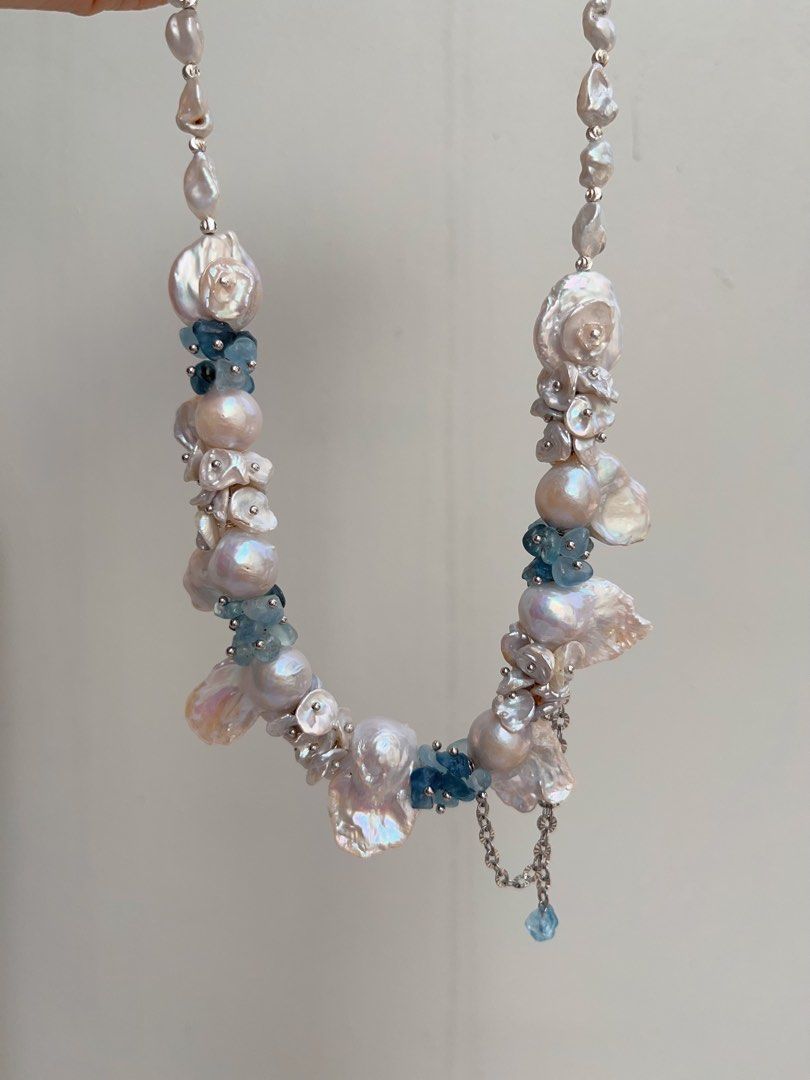 #PN1015 [Floral Series] Freshwater Pearl Necklace | Moonlight Garden | Candy Paper Lustre| Cold Silver Lustre | Pearl & Aquamarine Petals |Ocean Style | White & Blue| 42cm| Magical Shine