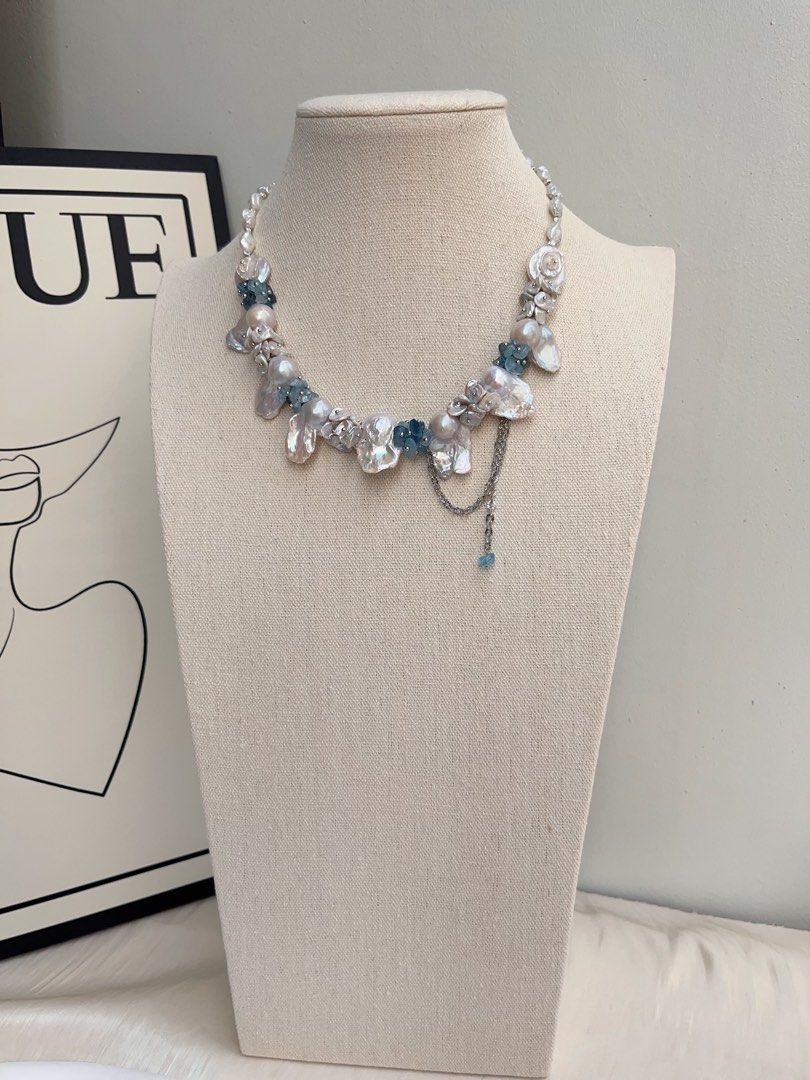 #PN1015 [Floral Series] Freshwater Pearl Necklace | Moonlight Garden | Candy Paper Lustre| Cold Silver Lustre | Pearl & Aquamarine Petals |Ocean Style | White & Blue| 42cm| Magical Shine