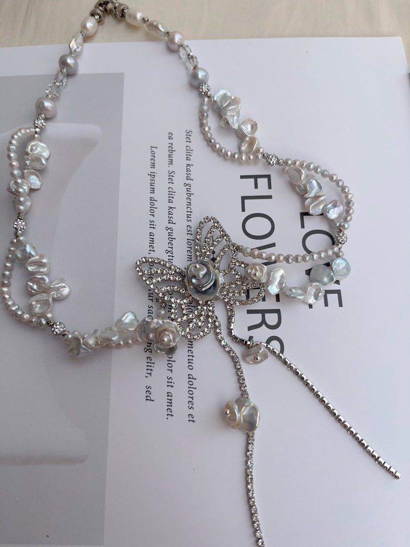 #PN1016 Freshwater Pearl Necklace | Flying Butterfly 🦋 | Silver-blue Pearl Stone| Baby Pearl Lace| 42cm| Big Butterfly | Dangling Shining | Everyday Luxury