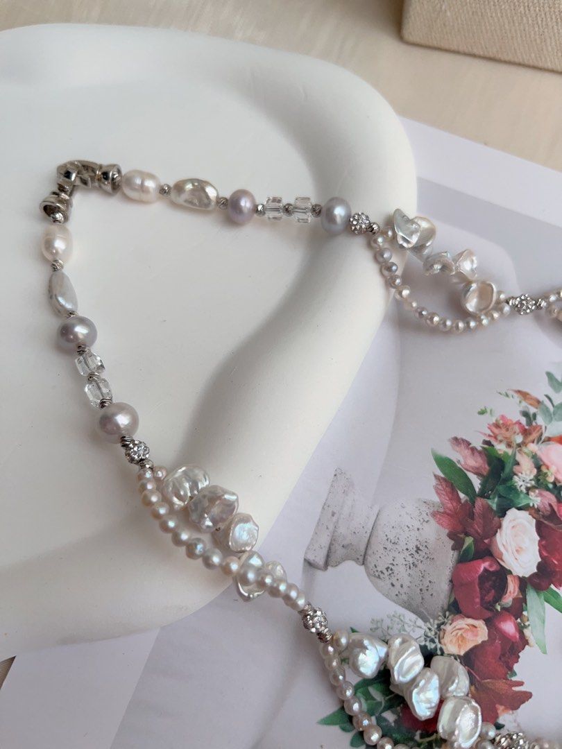 #PN1016 Freshwater Pearl Necklace | Flying Butterfly 🦋 | Silver-blue Pearl Stone| Baby Pearl Lace| 42cm| Big Butterfly | Dangling Shining | Everyday Luxury