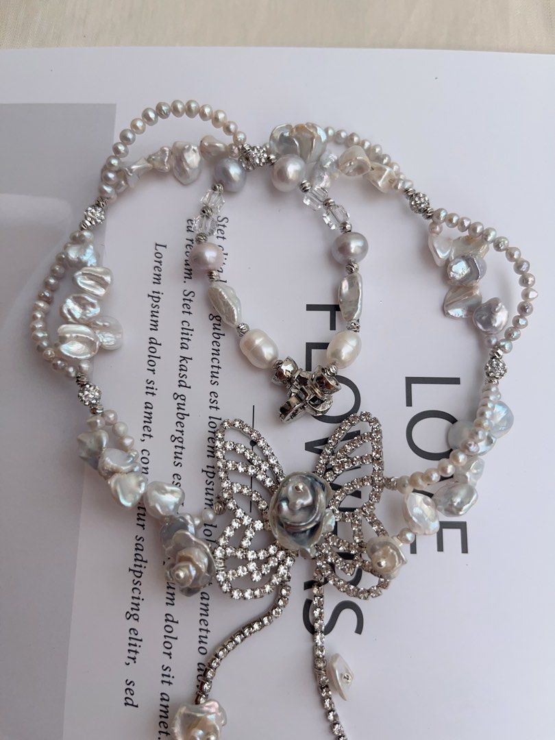#PN1016 Freshwater Pearl Necklace | Flying Butterfly 🦋 | Silver-blue Pearl Stone| Baby Pearl Lace| 42cm| Big Butterfly | Dangling Shining | Everyday Luxury