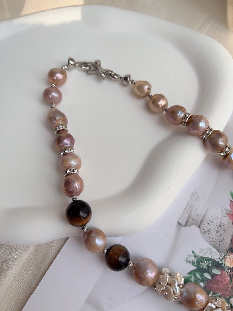 #PN1017 [Floral Series] Freshwater Pearl Necklace | Tiger Eye| Wrinkle Baroque | Natural Flaws | Gilded Phantom | Golden Vintage Lustre| 43cm| Classy & Modern