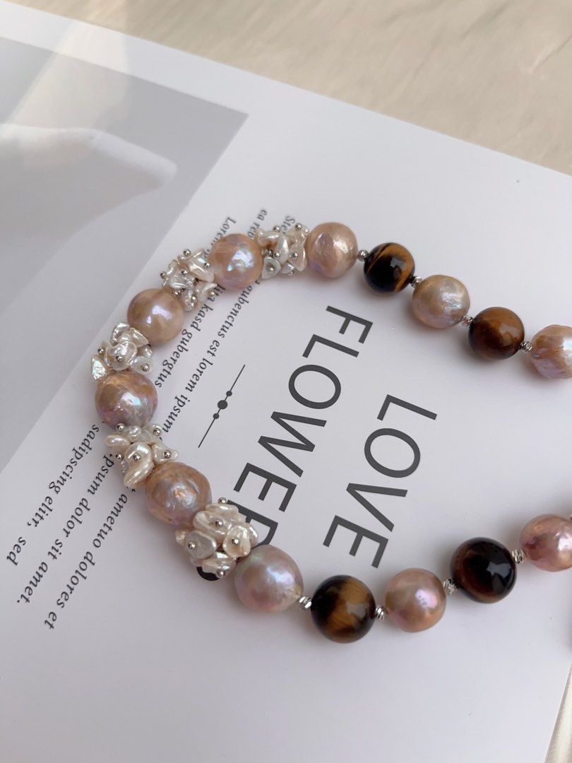 #PN1017 [Floral Series] Freshwater Pearl Necklace | Tiger Eye| Wrinkle Baroque | Natural Flaws | Gilded Phantom | Golden Vintage Lustre| 43cm| Classy & Modern