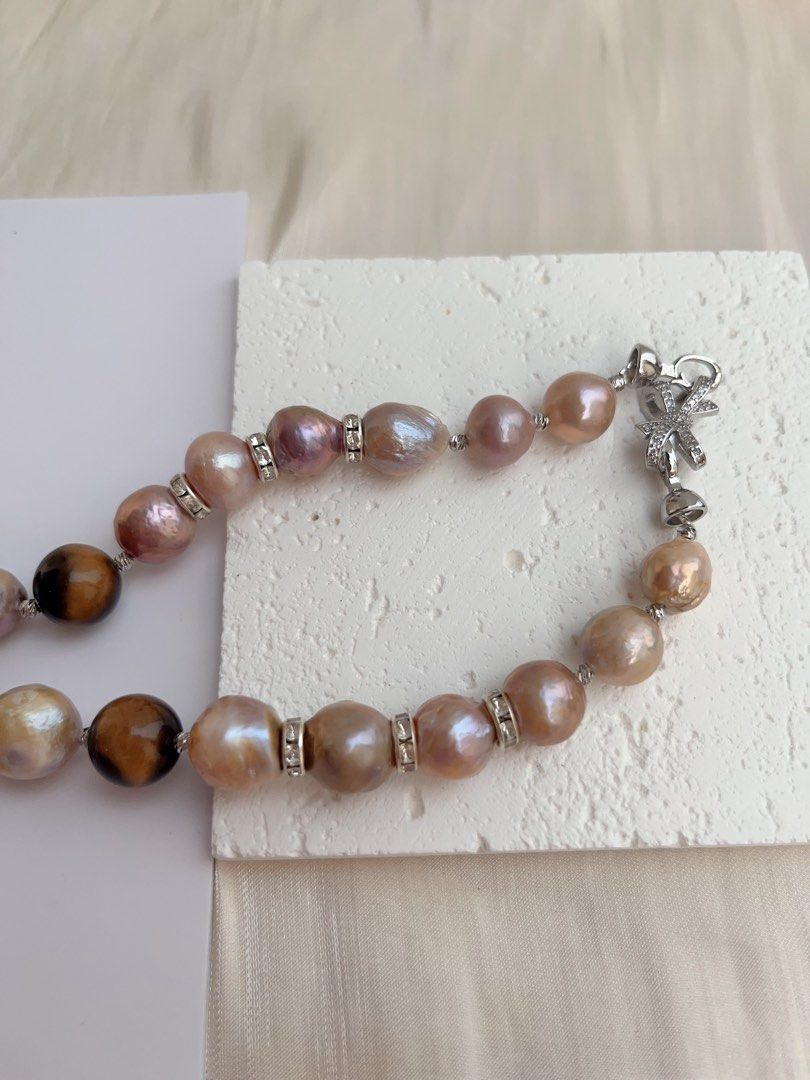 #PN1017 [Floral Series] Freshwater Pearl Necklace | Tiger Eye| Wrinkle Baroque | Natural Flaws | Gilded Phantom | Golden Vintage Lustre| 43cm| Classy & Modern