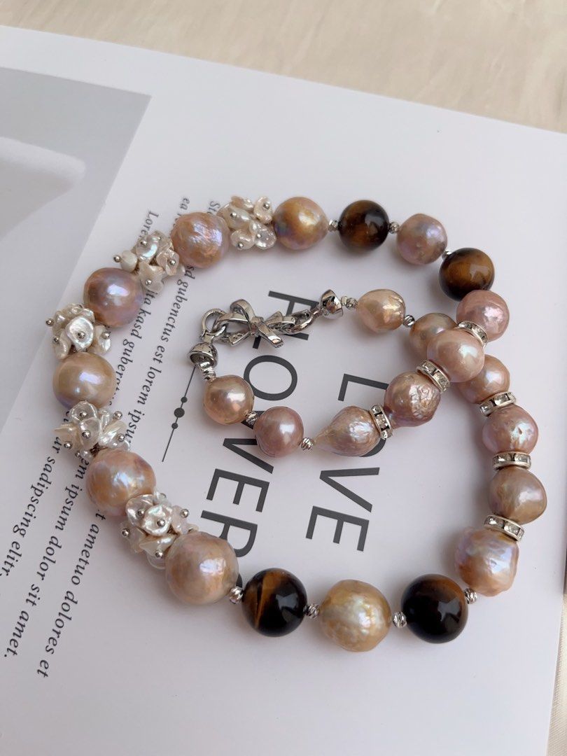 #PN1017 [Floral Series] Freshwater Pearl Necklace | Tiger Eye| Wrinkle Baroque | Natural Flaws | Gilded Phantom | Golden Vintage Lustre| 43cm| Classy & Modern