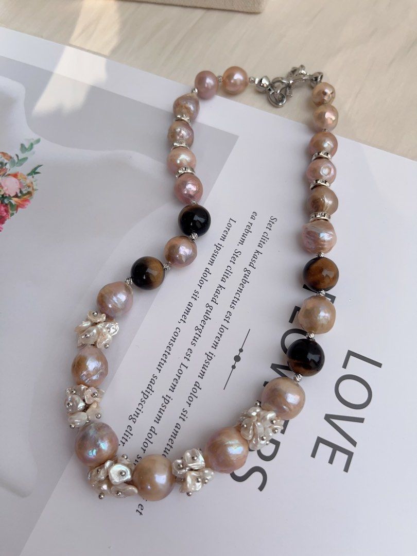 #PN1017 [Floral Series] Freshwater Pearl Necklace | Tiger Eye| Wrinkle Baroque | Natural Flaws | Gilded Phantom | Golden Vintage Lustre| 43cm| Classy & Modern