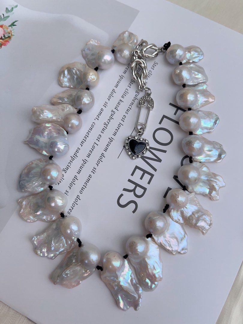 #PN1019 Freshwater Pearl Necklace | French Style | Strong Personality | Lustrous Fishtail Baroque Big| 43cm| Black Agate Pendant | Once in A Lifetime | Natural Flaws