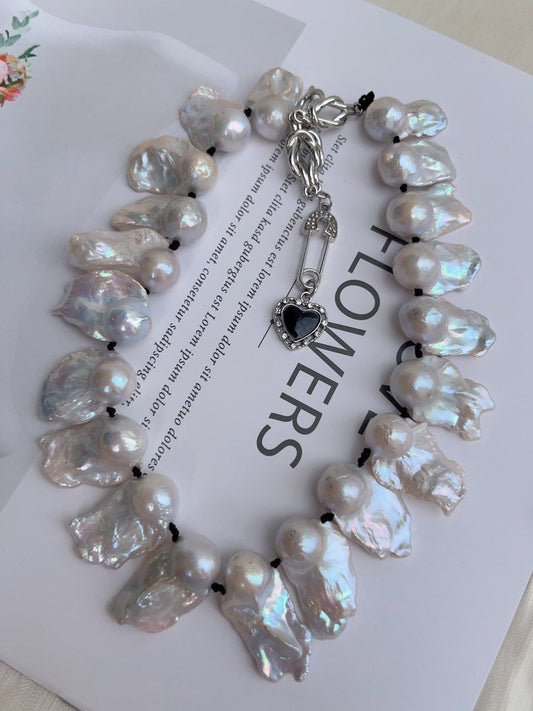 #PN1019 Freshwater Pearl Necklace | French Style | Strong Personality | Lustrous Fishtail Baroque Big| 43cm| Black Agate Pendant | Once in A Lifetime | Natural Flaws