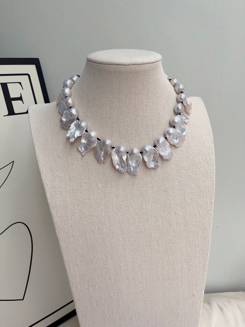 #PN1019 Freshwater Pearl Necklace | French Style | Strong Personality | Lustrous Fishtail Baroque Big| 43cm| Black Agate Pendant | Once in A Lifetime | Natural Flaws