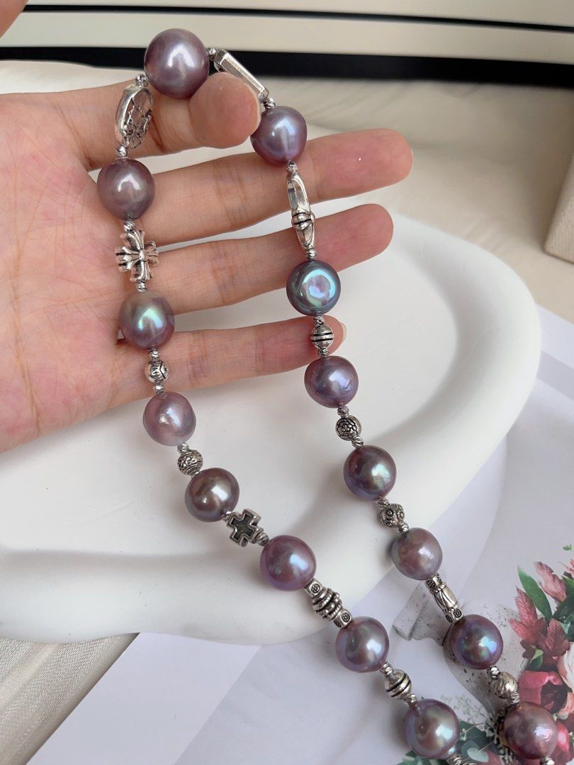 #PN1020 Freshwater Pearl Necklace | Big Blueberry Purple Baroque Pearl | Cross| Dark Purple Metallic Lustre | Sweet & Cool| 43cm| Lustrous | Rare| Cannot Resist
