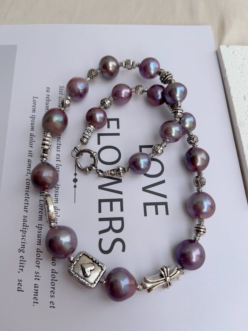#PN1020 Freshwater Pearl Necklace | Big Blueberry Purple Baroque Pearl | Cross| Dark Purple Metallic Lustre | Sweet & Cool| 43cm| Lustrous | Rare| Cannot Resist