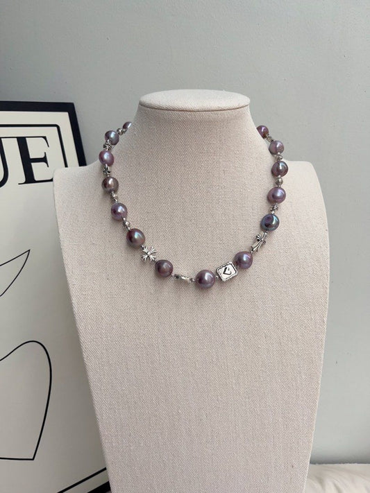 #PN1020 Freshwater Pearl Necklace | Big Blueberry Purple Baroque Pearl | Cross| Dark Purple Metallic Lustre | Sweet & Cool| 43cm| Lustrous | Rare| Cannot Resist